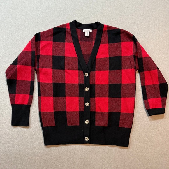 Tommy Bahama Preppy Rustic Buffalo Check Black Red Button Down Cardigan Women M - Picture 1 of 10